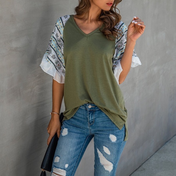 Boho chic ruffle sleeve Print top - white - Picture 9 of 11